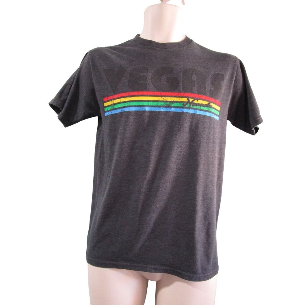 Rainbow Stripe Vintage Vegas Charcoal T Shirt Unisex Small Distressed GUC - Picture 10 of 12